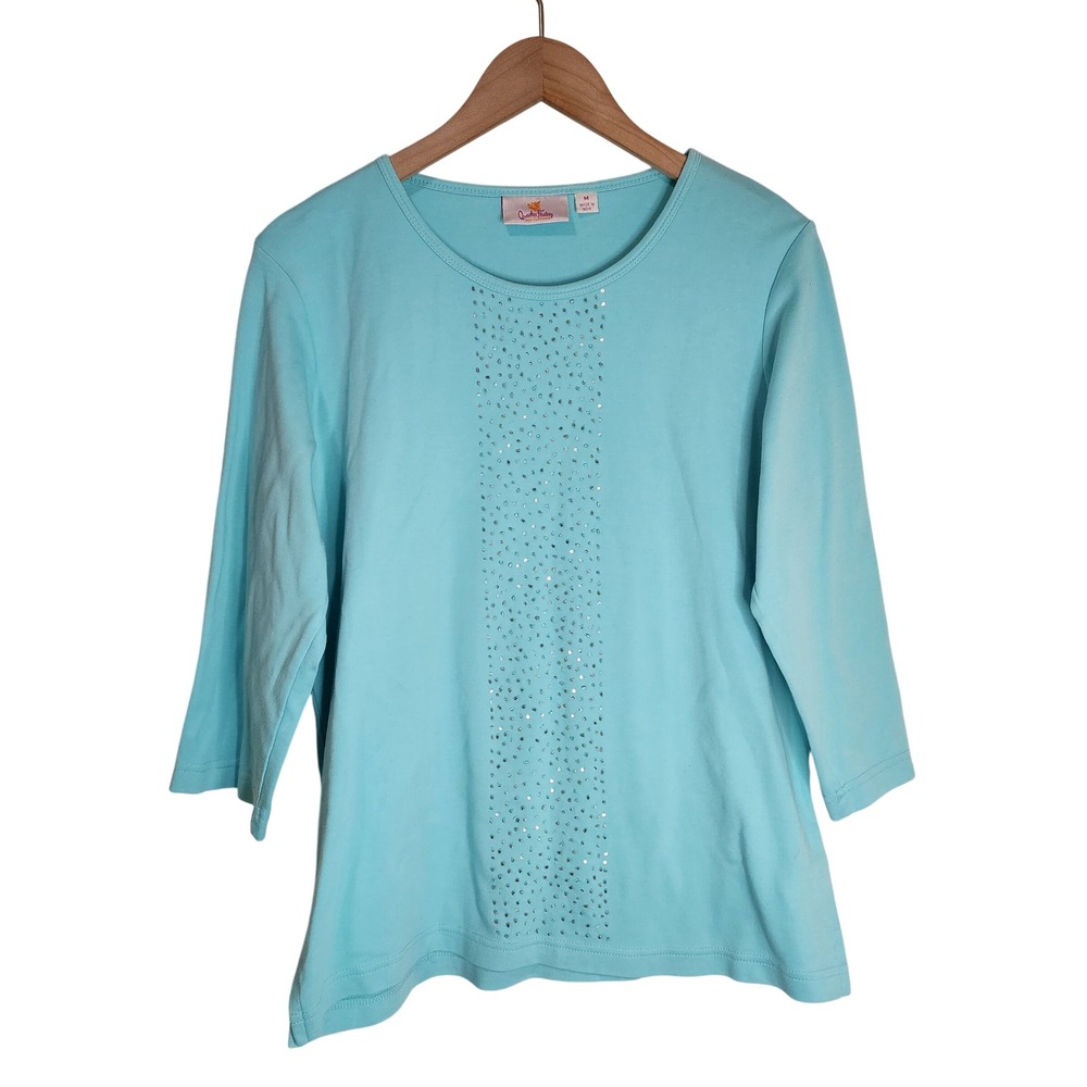Quacker Factory Top Women's Medium 3/4 Sleeve Beaded Blue‎